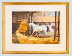 Equestrian Gouache Painting of White Horse “Basa” in Stable by Michael Lyne 1947