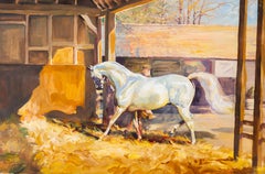 Equestrian Gouache Painting of White Horse “Basa” in Stable by Michael Lyne 1947