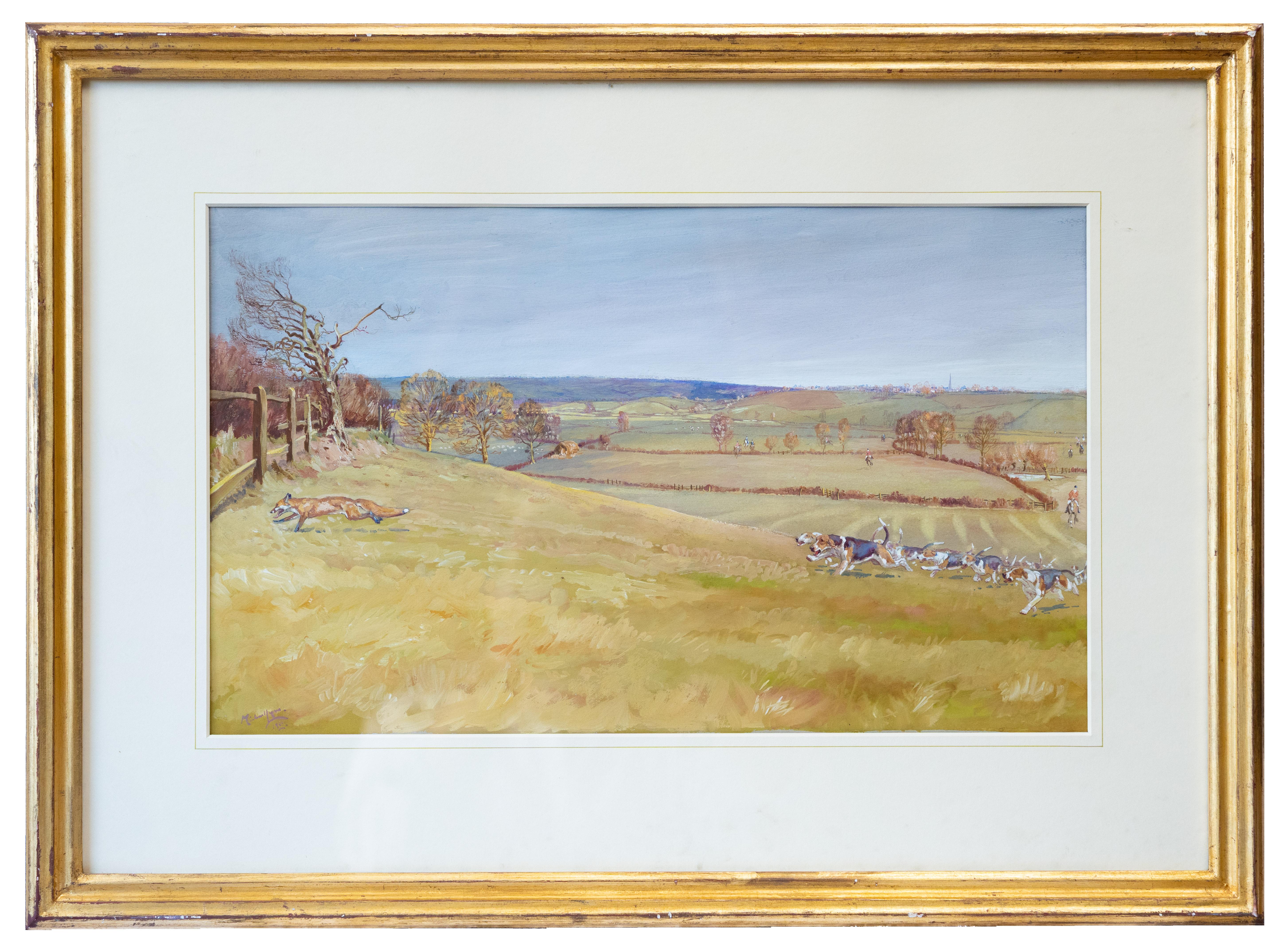 Michael Lyne Animal Painting - Fox Hunting Over Open Ground, 20th Century Gouache on Archival Paper