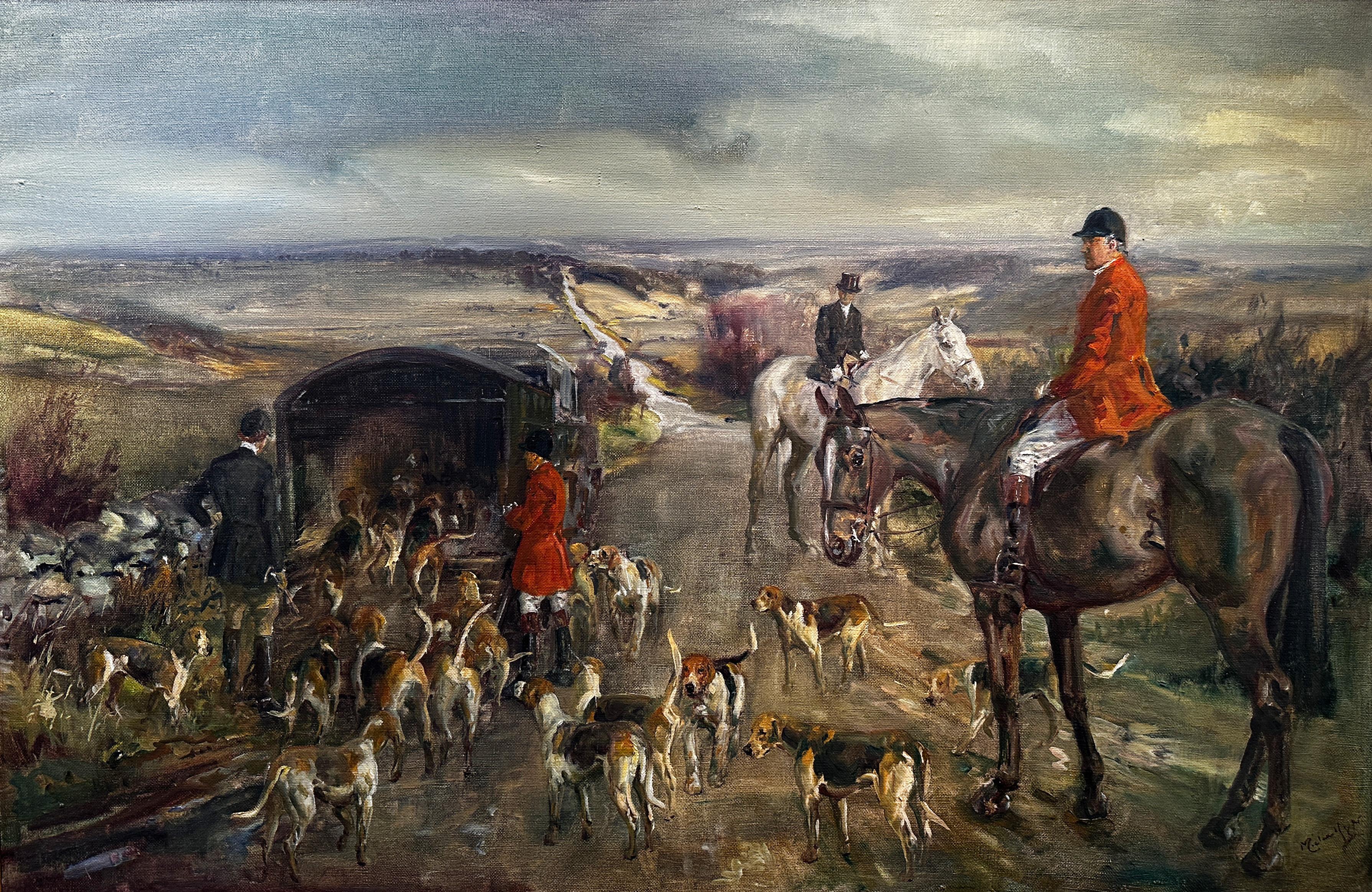 'Mendip Hunt' English Countryside painting of horses, hounds and huntsmen, red - Painting by Michael Lyne