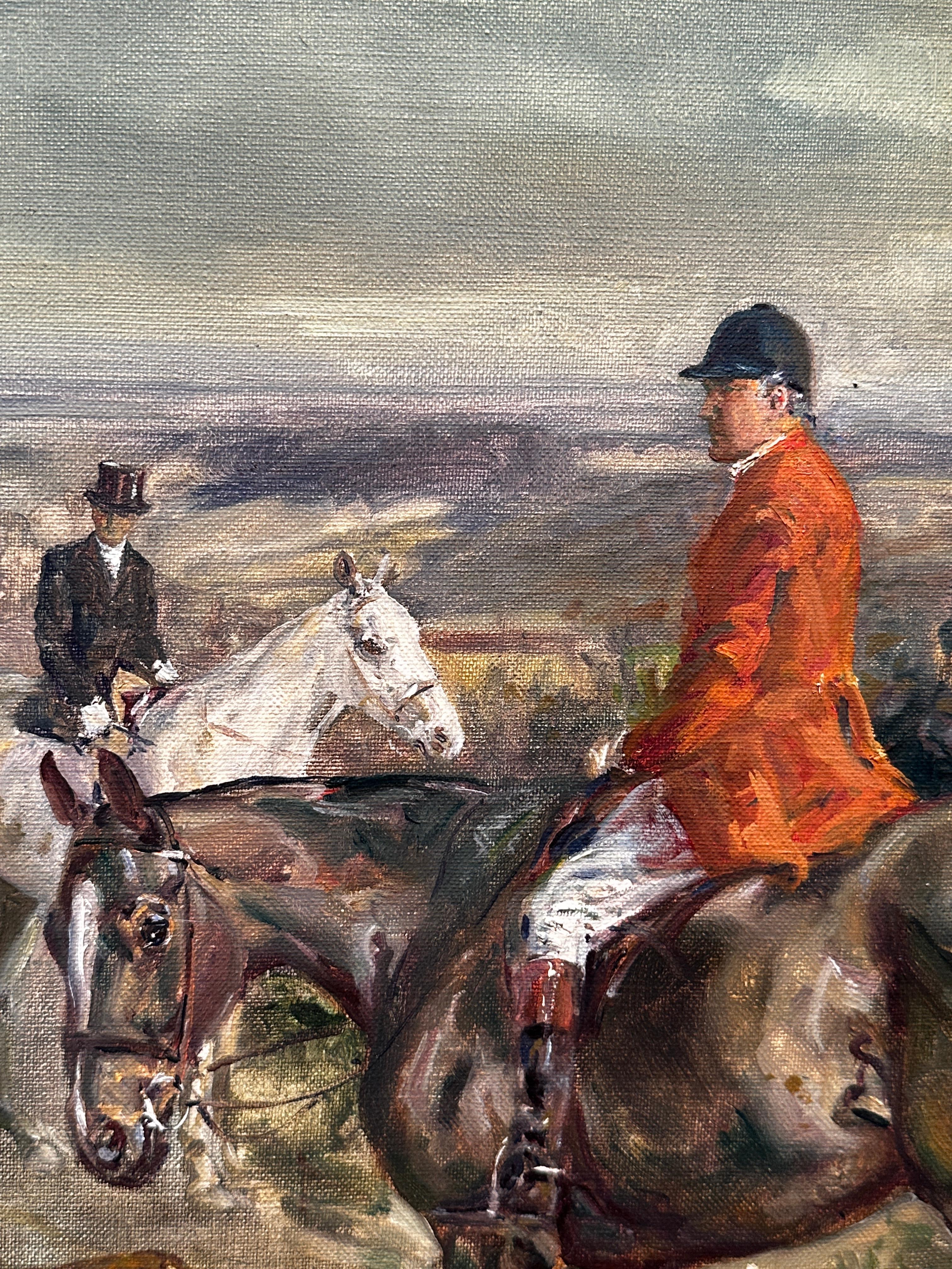 'Mendip Hunt' English Countryside painting of horses, hounds and huntsmen, red - Impressionist Painting by Michael Lyne