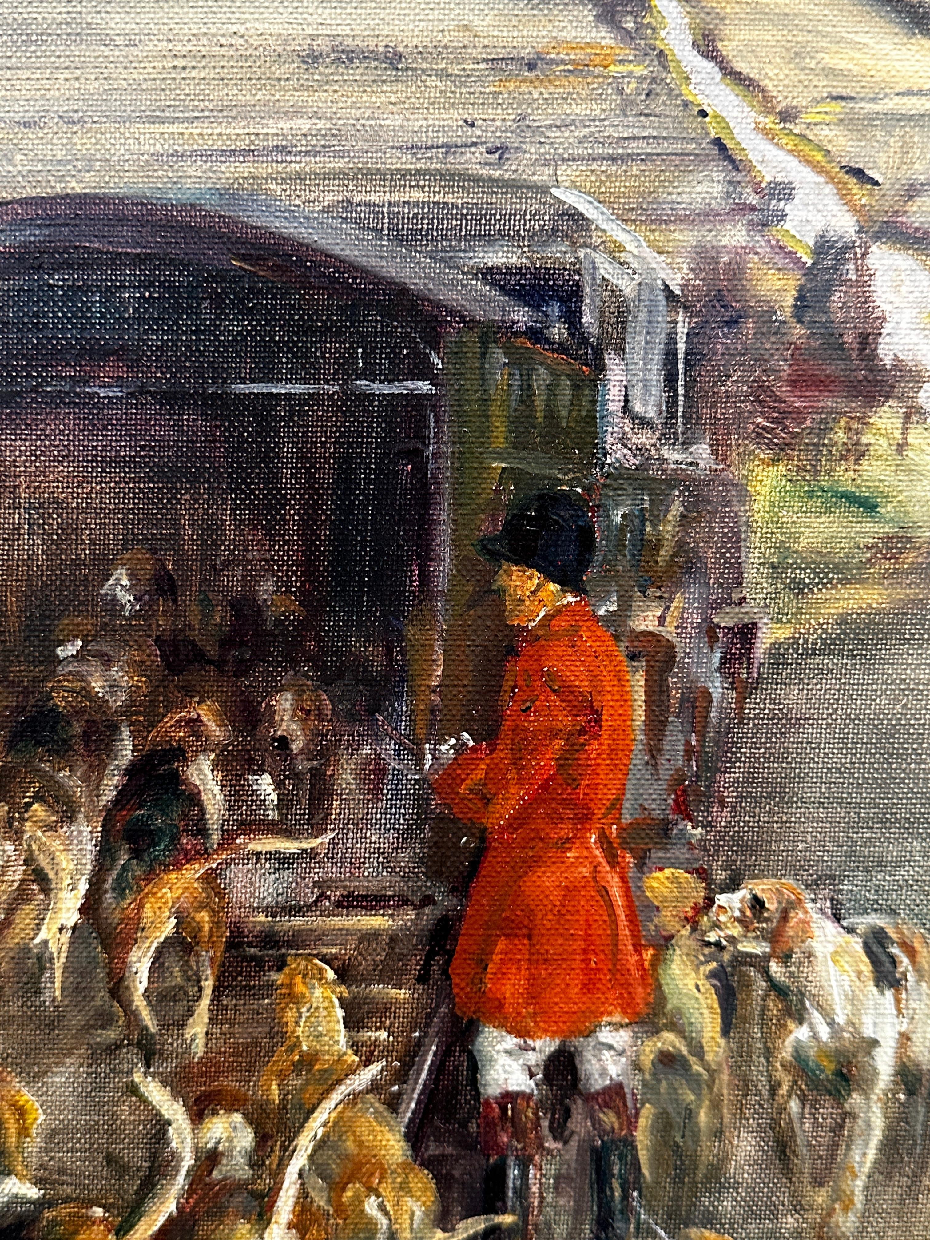 'Mendip Hunt' English Countryside painting of horses, hounds and huntsmen, red For Sale 1