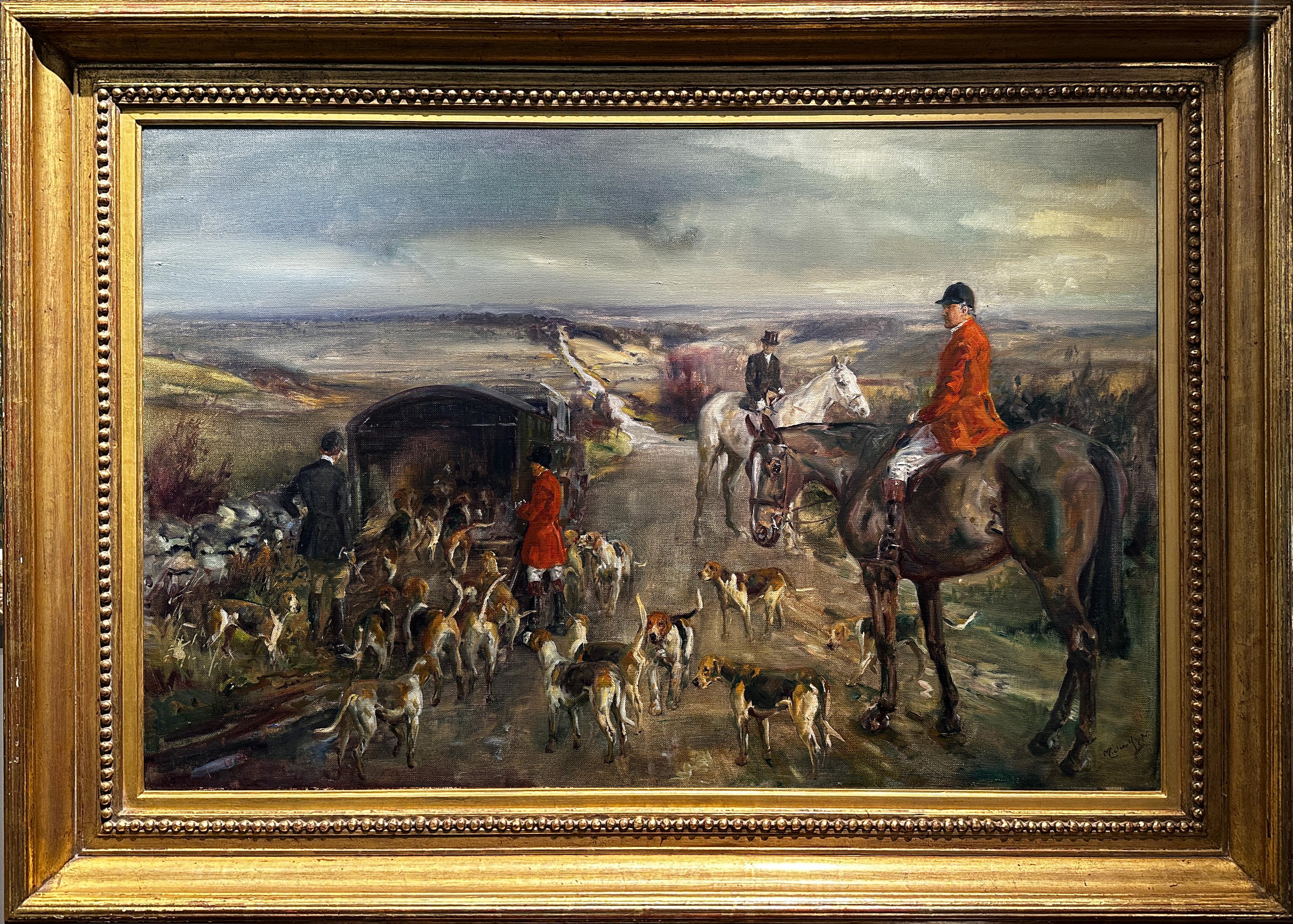 Landscape Painting Michael Lyne - Mendip Hunt" Peinture de la campagne anglaise représentant des chevaux, des chiens et des chasseurs, rouge