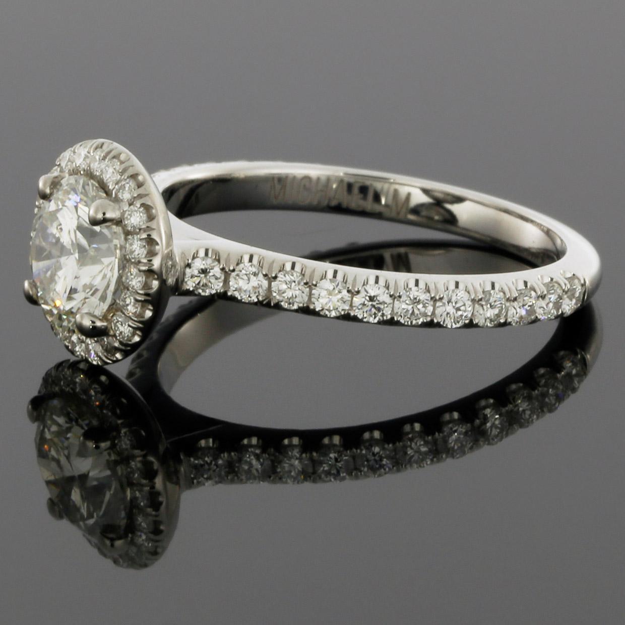 Michael M White Gold 1.51 Carat Round Diamond Halo Engagement Ring In Excellent Condition In Columbia, MO