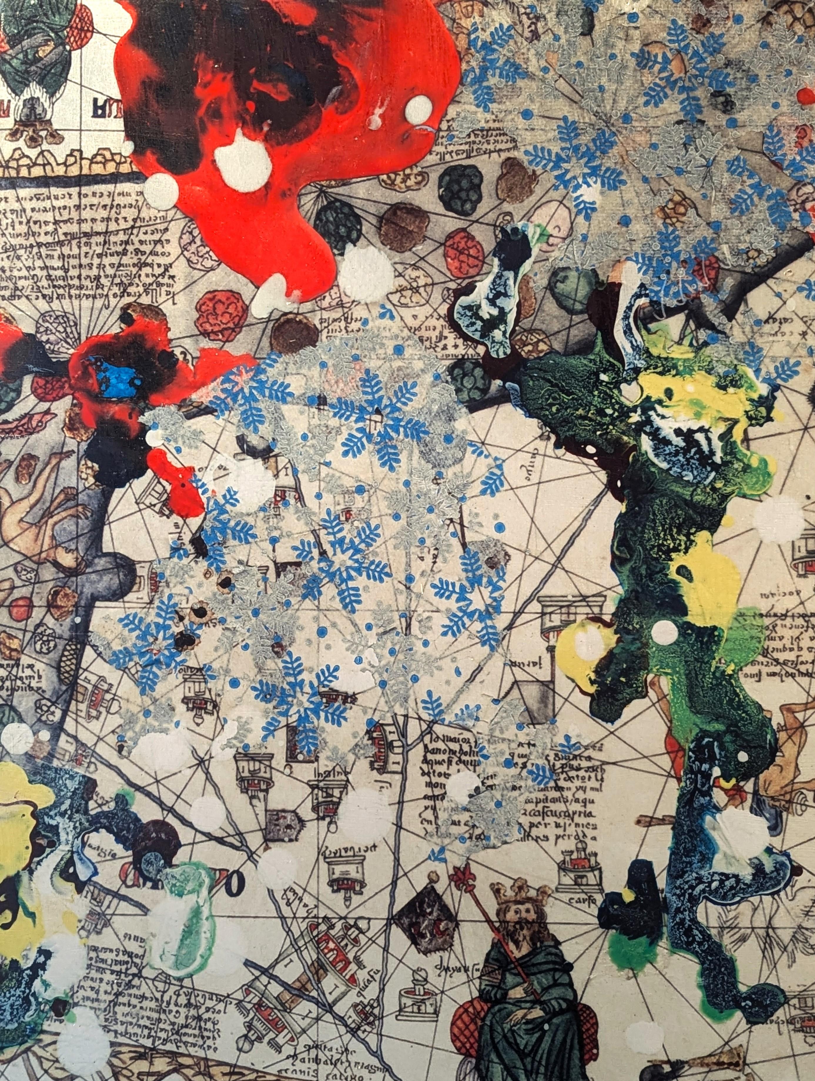 Contemporary medieval atlas inspired work by Texas based artist Michael Macedo Meazell. Created with UV cured inks on aluminum, the work has a unique sheen. The piece features a collage of images from the Catalan Atlas, an early world map created in