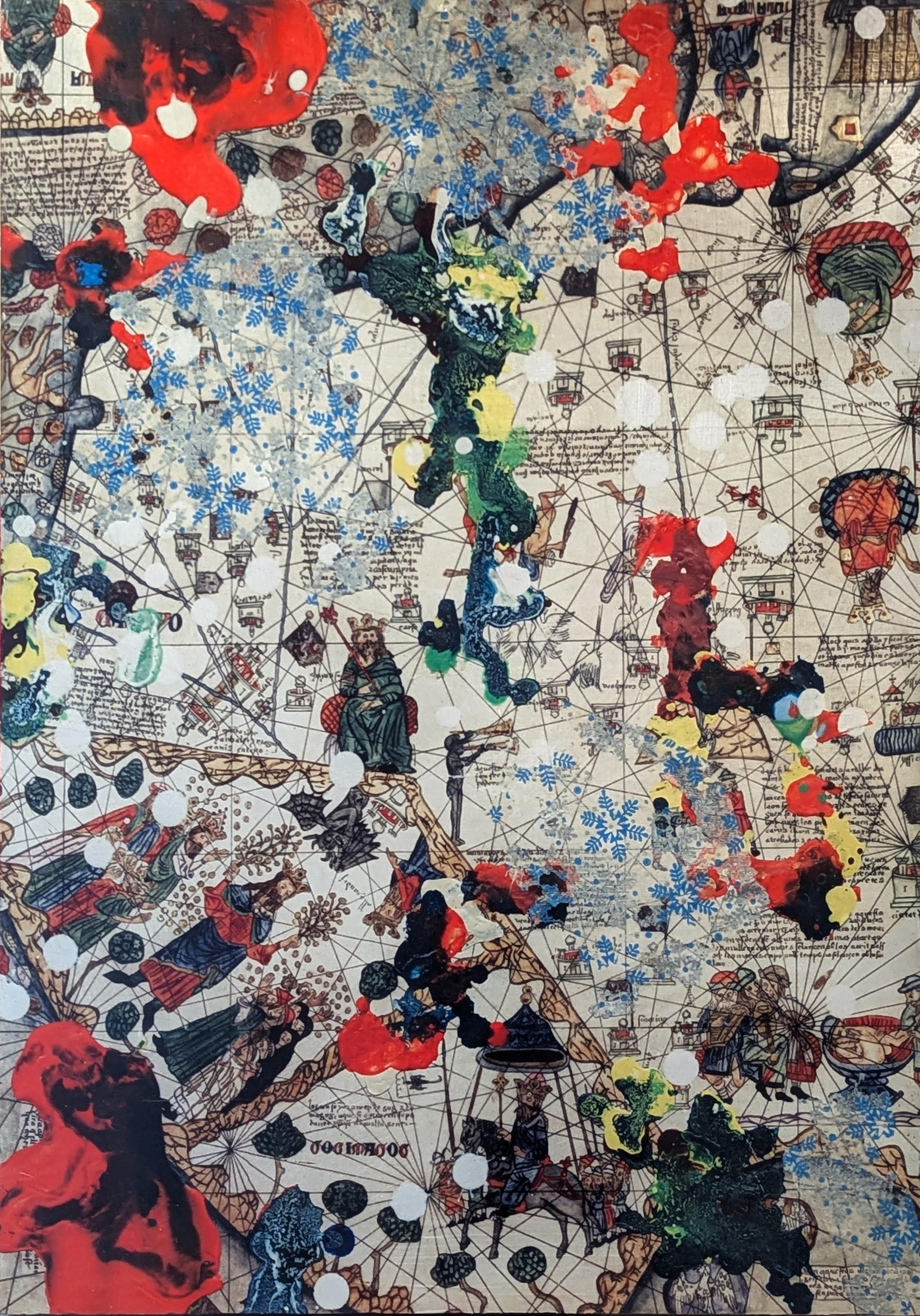 "Untitled (Around the World)" Modern Medieval Map Inspired Work on Aluminum - Mixed Media Art by Michael Macedo Meazell 