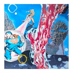 "Untitled (Superman)" Contemporary Blue & Red Comic Inspired Work on Aluminum