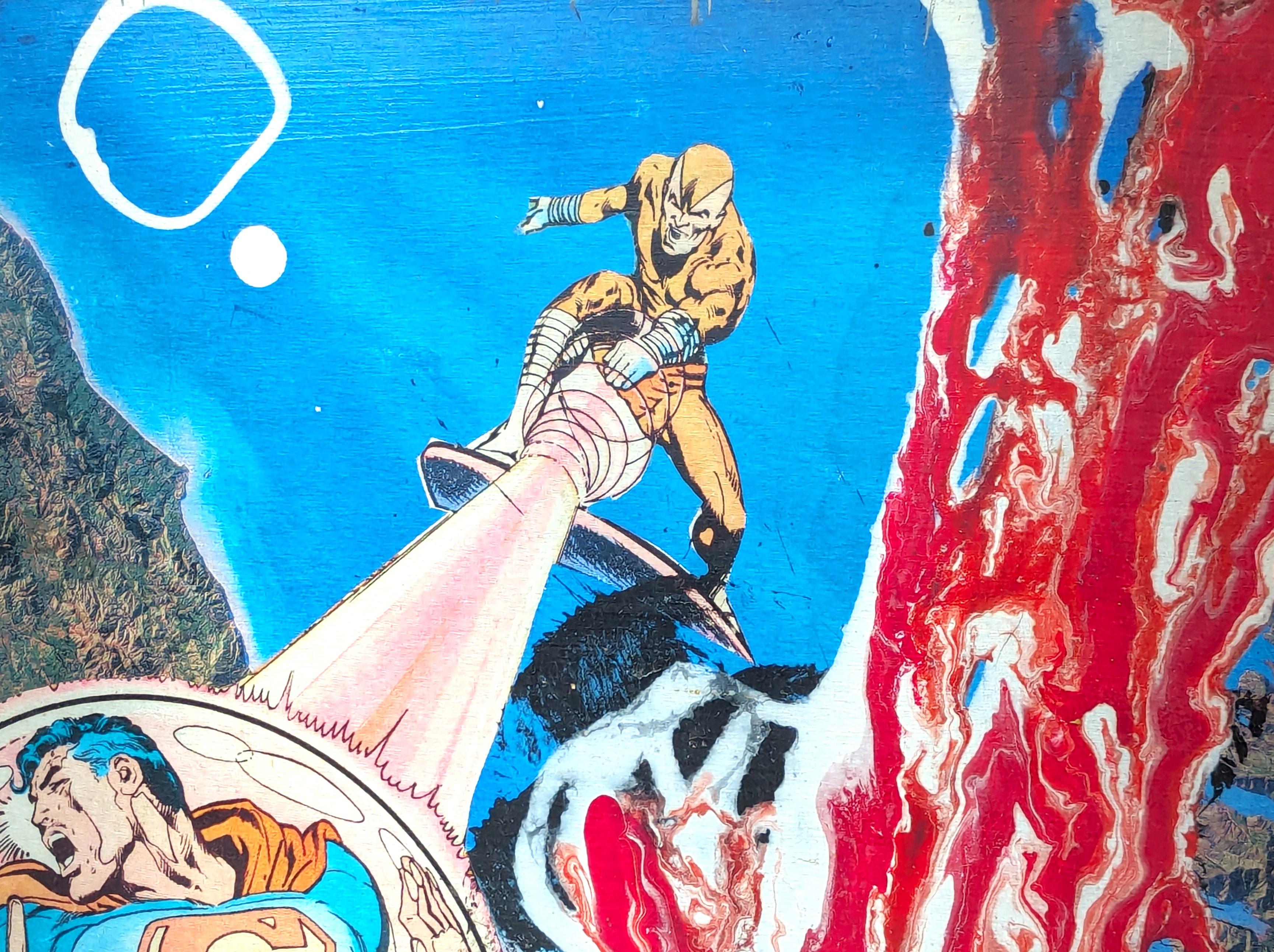 Œuvres contemporaines inspirées des bandes dessinées DC de l'artiste texan Michael Macedo Meazell. Créée avec des encres à séchage UV sur de l'aluminium, l'œuvre a un éclat unique. L'œuvre présente un collage de différentes images de la culture pop
