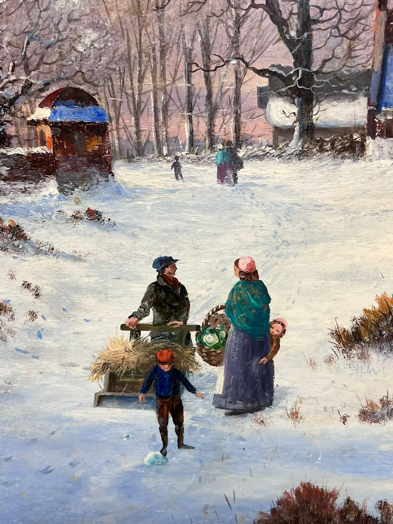 Scena di villaggio invernale con pattinatori sul ghiaccio vicino alla chiesa Enorme dipinto a olio inglese in vendita 6