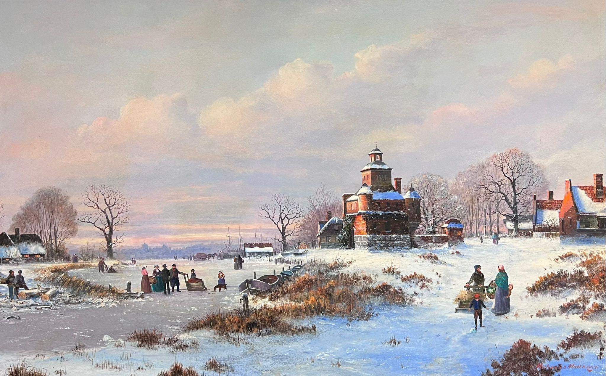 Scena di villaggio invernale con pattinatori sul ghiaccio vicino alla chiesa Enorme dipinto a olio inglese - Painting di Michael Matthews