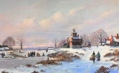Winter Village Scene with Ice Skaters by the Church Huge English Oil Painting