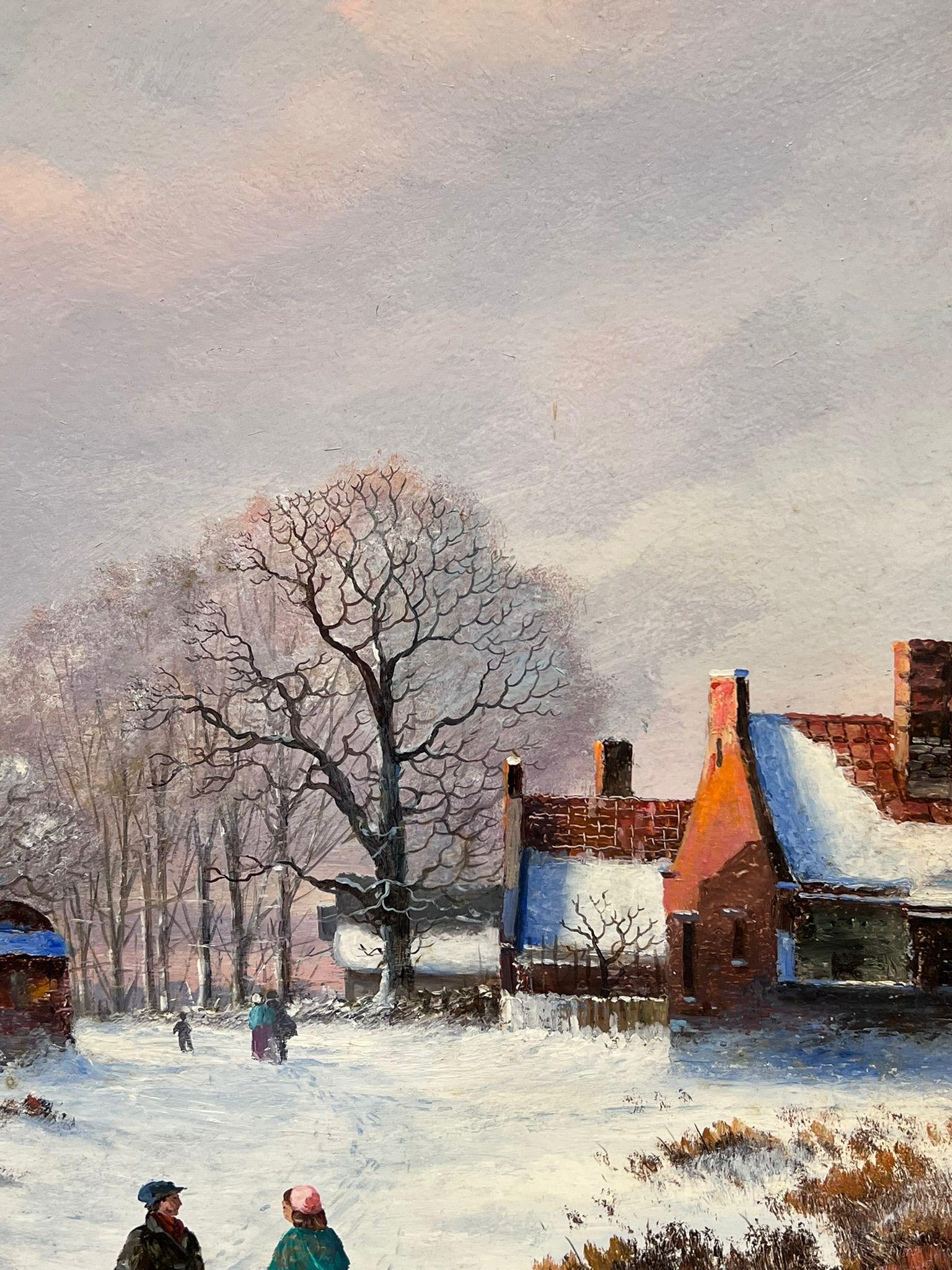 Scena di villaggio invernale con pattinatori sul ghiaccio vicino alla chiesa Enorme dipinto a olio inglese - Landscape Painting Marrone di Michael Matthews