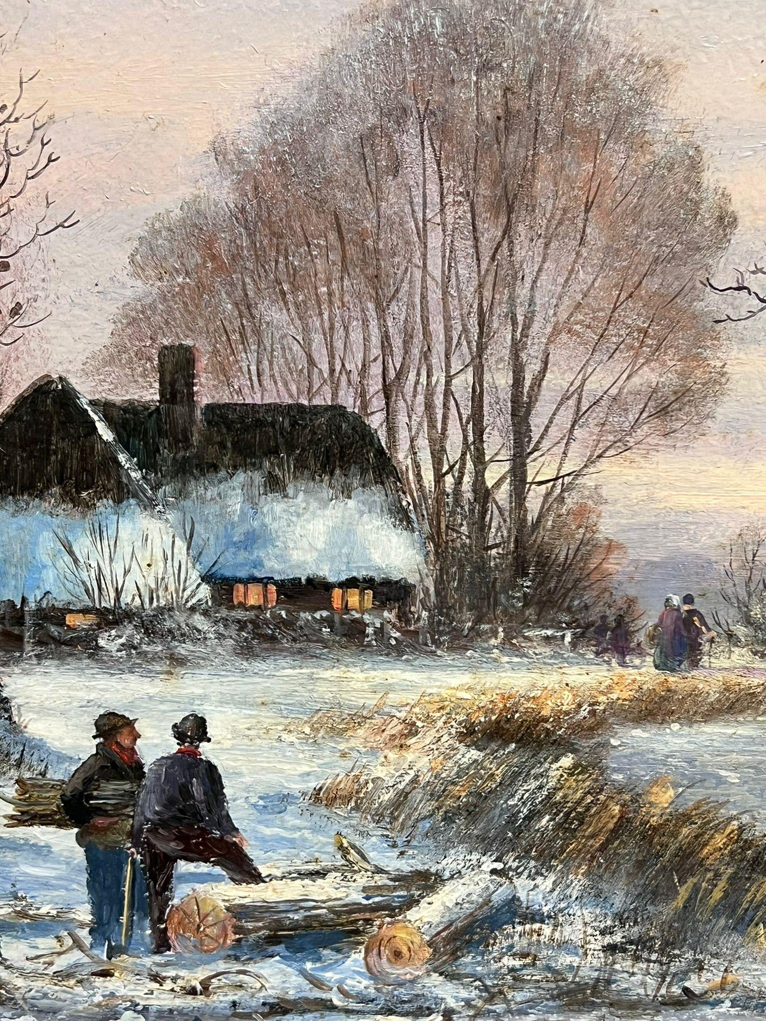 Scena di villaggio invernale con pattinatori sul ghiaccio vicino alla chiesa Enorme dipinto a olio inglese in vendita 2
