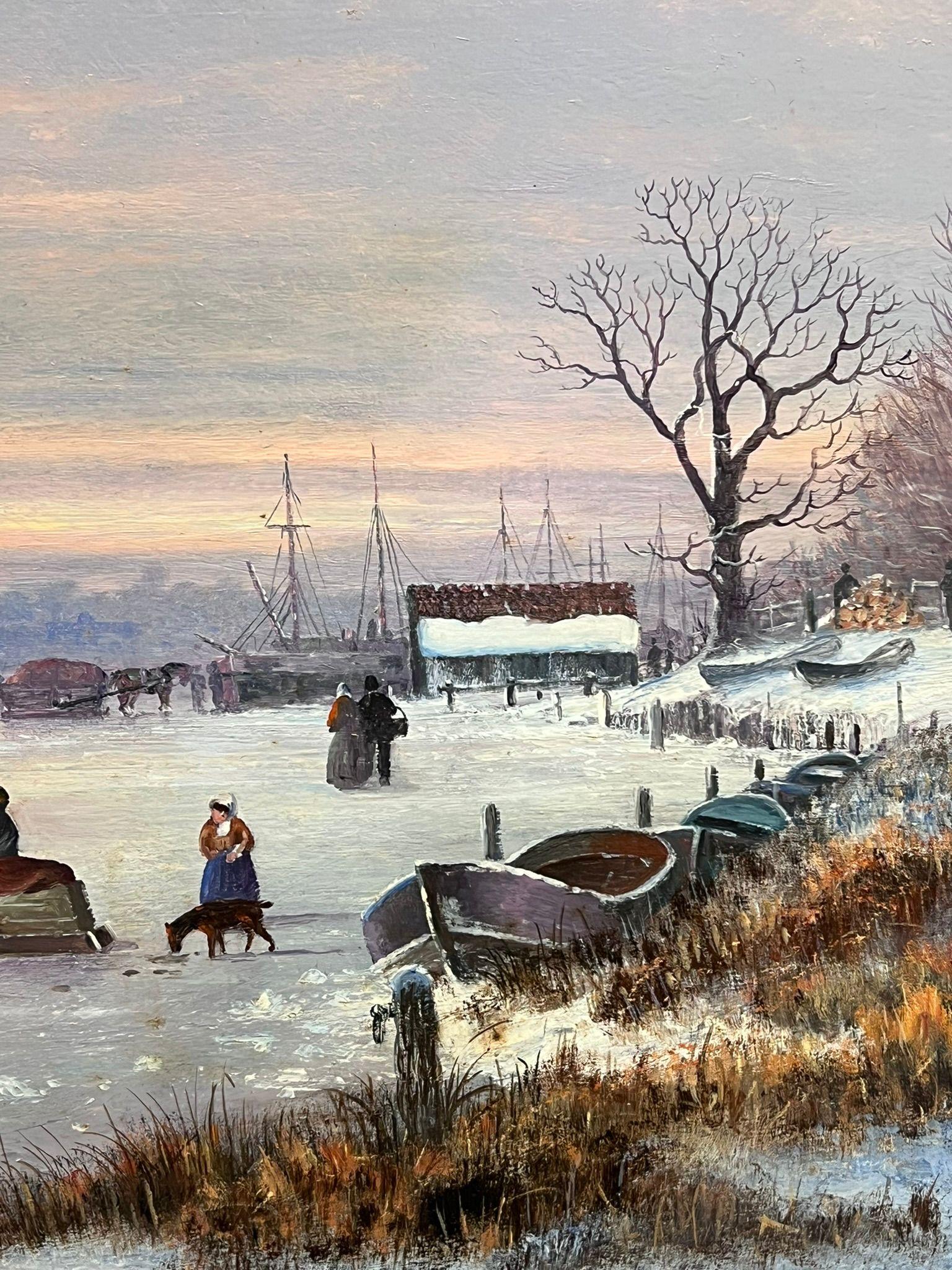 Scena di villaggio invernale con pattinatori sul ghiaccio vicino alla chiesa Enorme dipinto a olio inglese in vendita 4