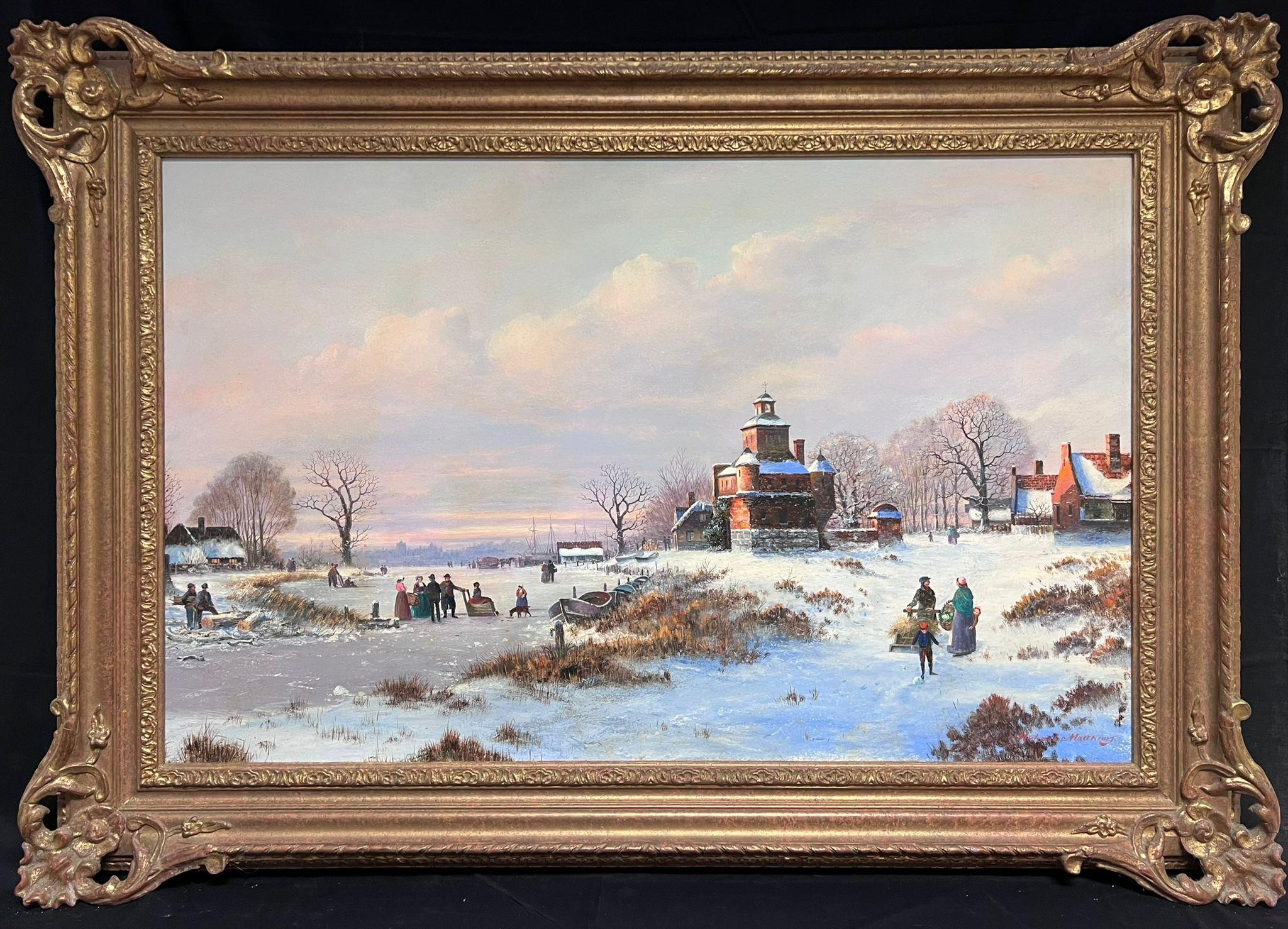 Landscape Painting di Michael Matthews - Scena di villaggio invernale con pattinatori sul ghiaccio vicino alla chiesa Enorme dipinto a olio inglese