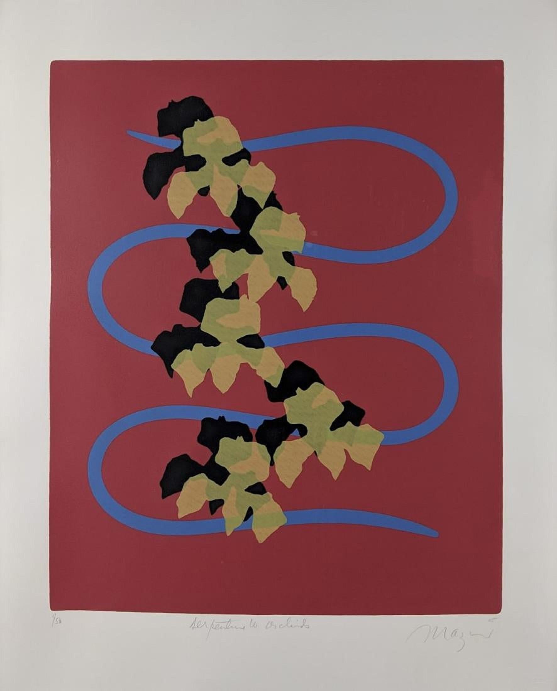 Serpentine with Orchids Modernist Silkscreen Signed Screenprint 1
