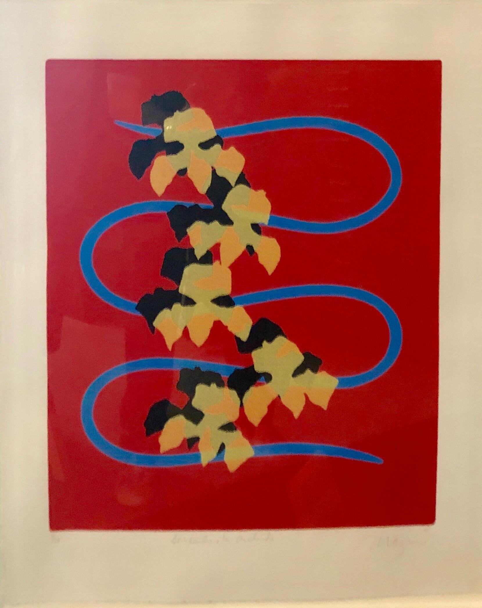 Serpentine with Orchids Modernist Silkscreen Signed Screenprint - Red Animal Print by Michael Mazur