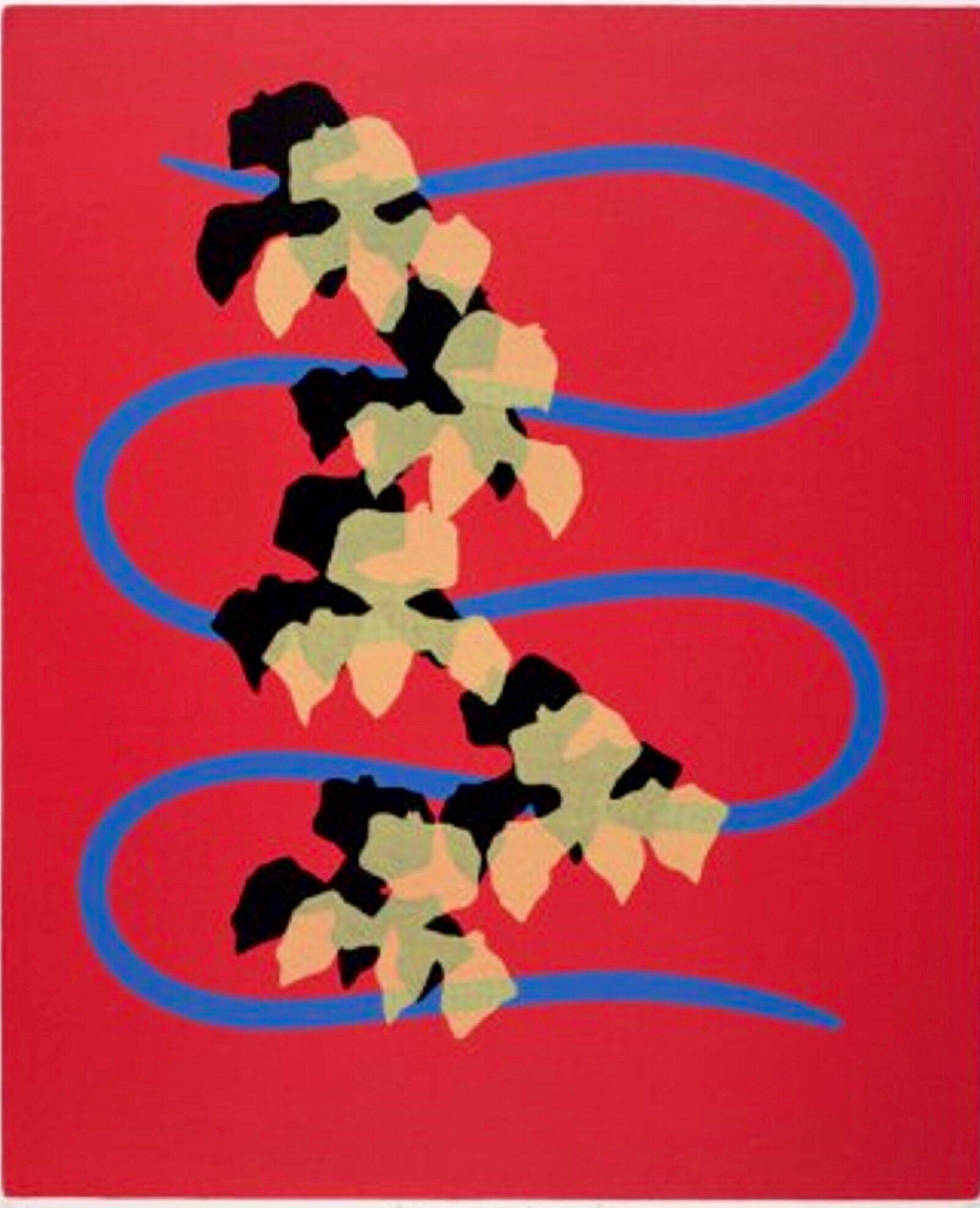 Modernistischer Siebdruck aus Seide mit Serpentinen und Orchideen, signierter Siebdruck