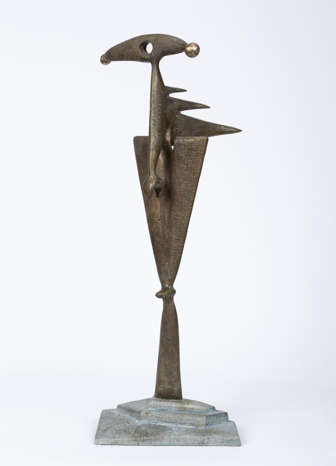 While working at the foundry at the Cosanti Foundation, Native American artist Michael McCleve was included one of the first features of native art in a national US magazine, Art in America, in 1972. This abstract bronze sculpture, about 30” in