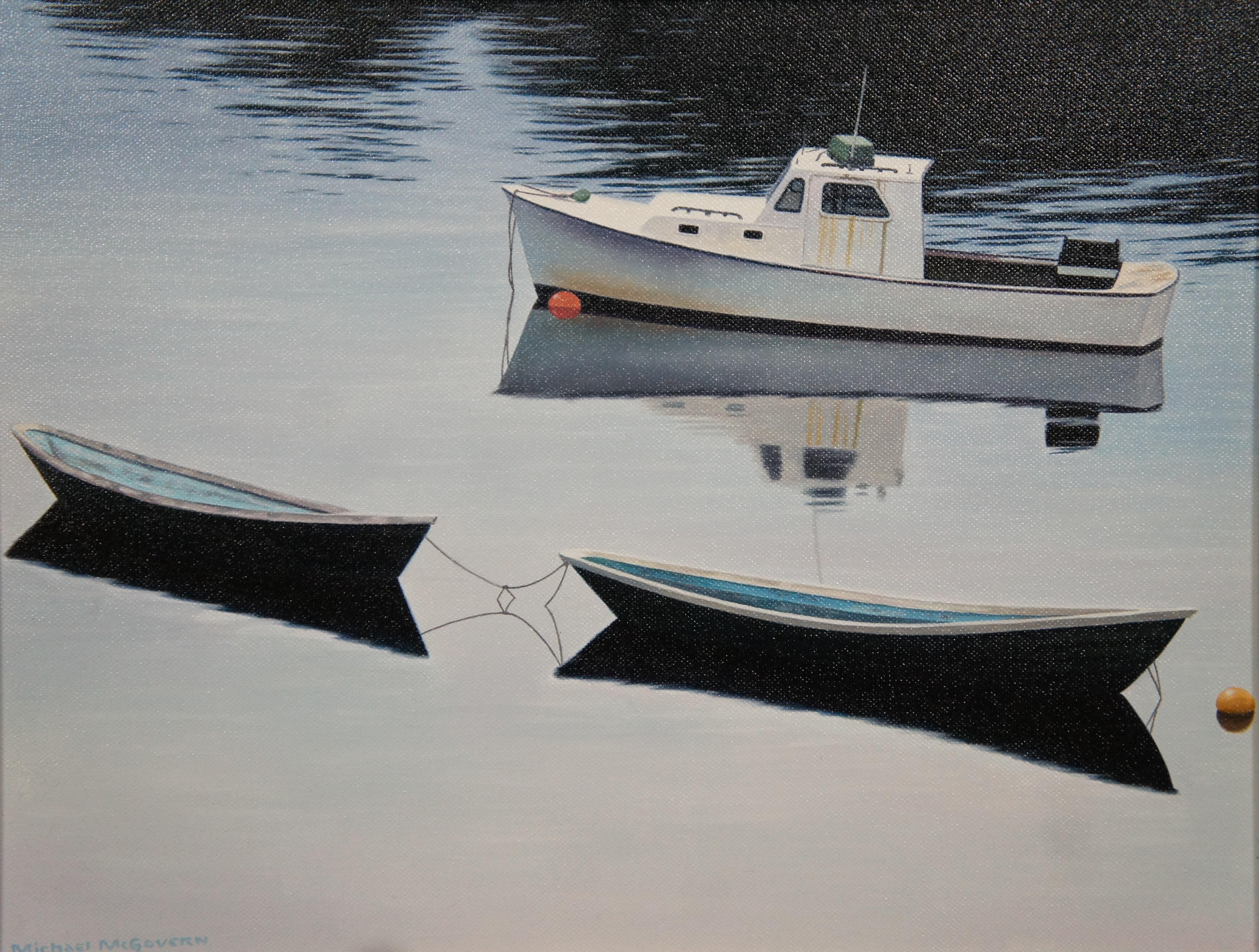 Expressionist Michael McGovern Days End Seascape Maritime Boat Oil Painting on Canvas For Sale