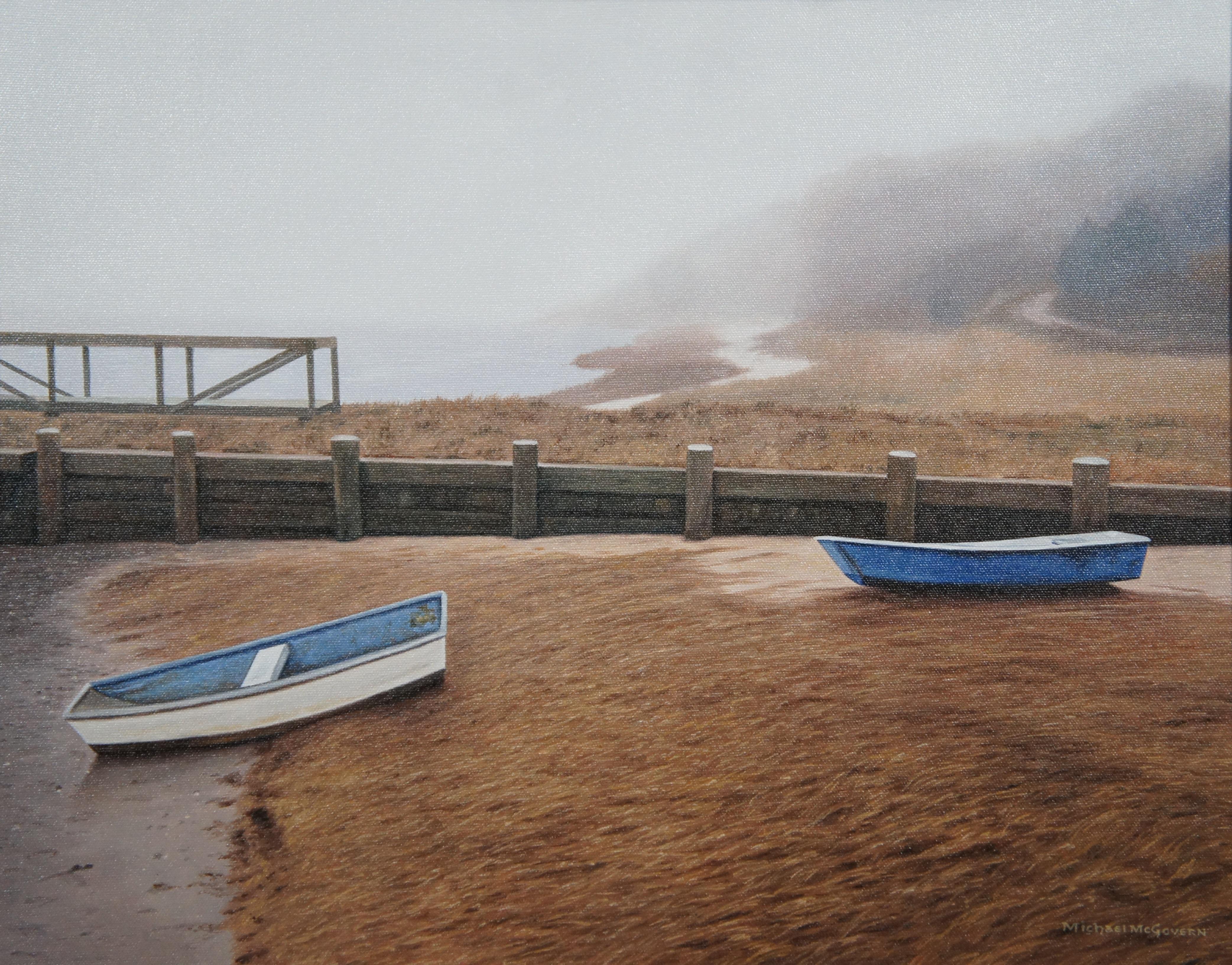 Expressionist Michael McGovern Grounded Boats Beach Landscape Oil Painting on Canvas  For Sale