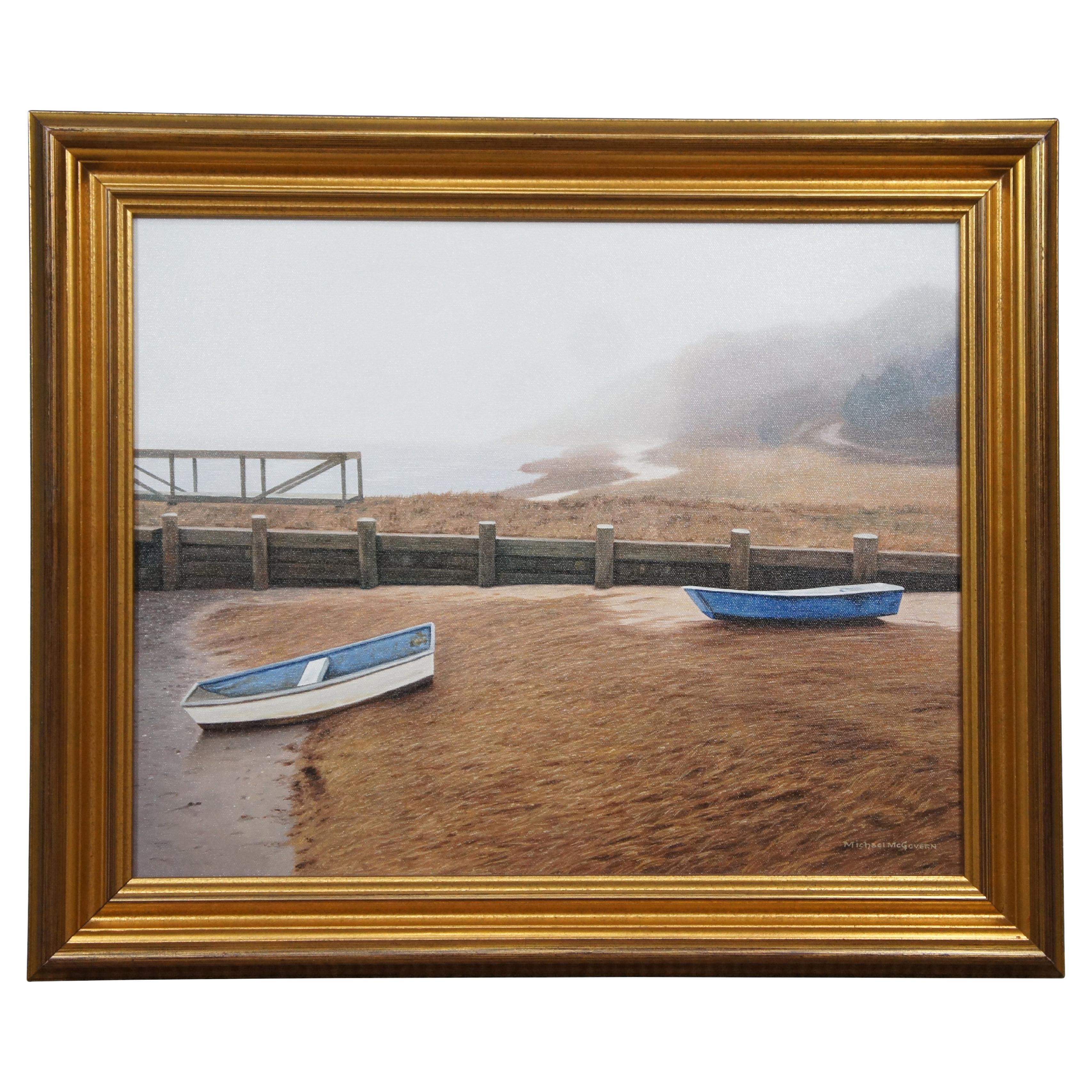 Michael McGovern Grounded Boats Beach Landscape Oil Painting on Canvas  For Sale