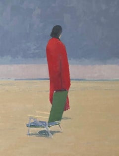 Michael Meehan, "The Red Towel", seascape w lone figure on beach, oil on linen