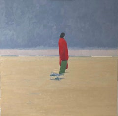 Michael Meehan, "The Red Towel", seascape w lone figure on beach, oil on linen