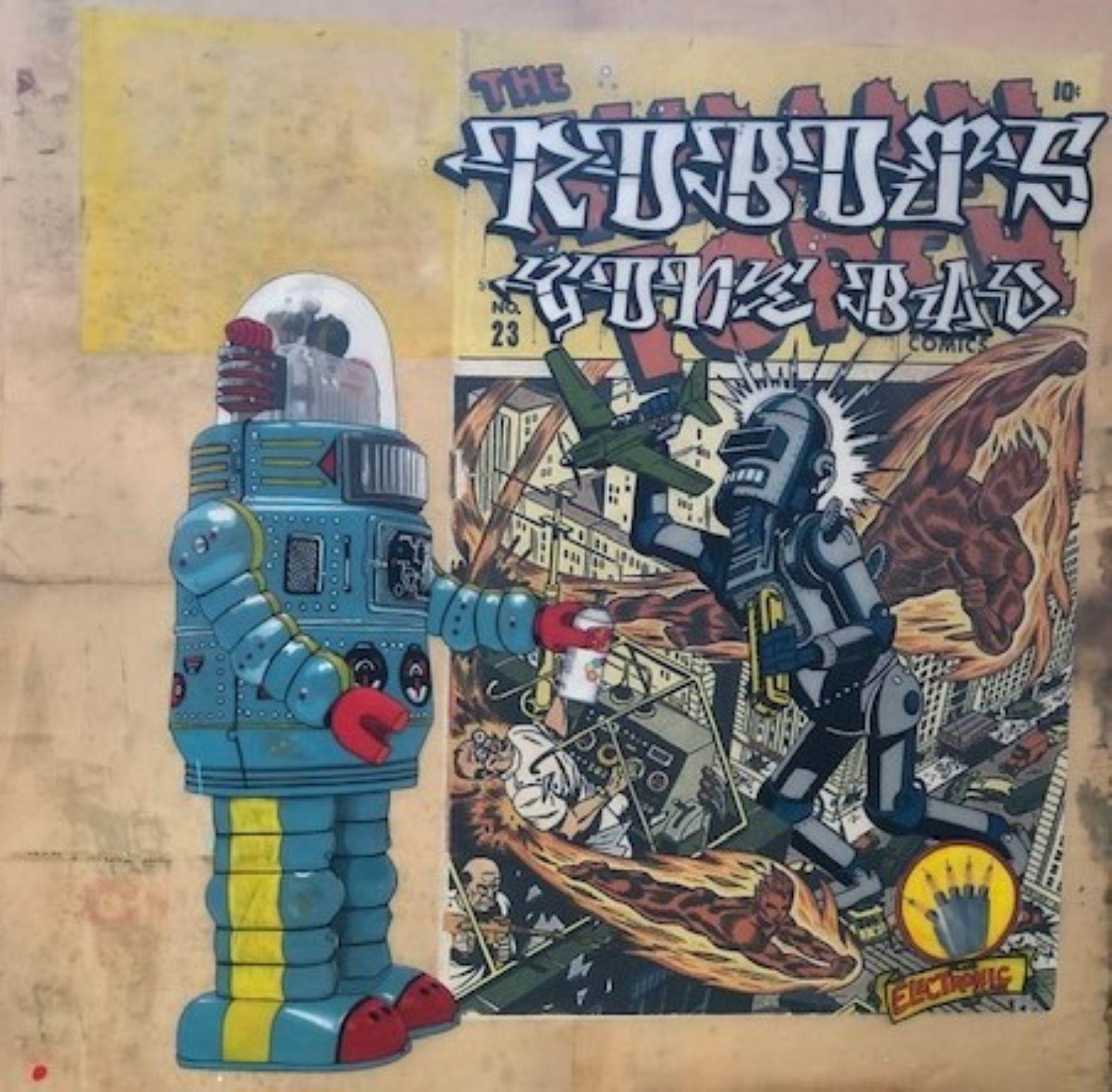 Michael Mew Gemälde, „ Robots Gone Bad 2“, Mixed Media 2008 (Moderne) im Angebot