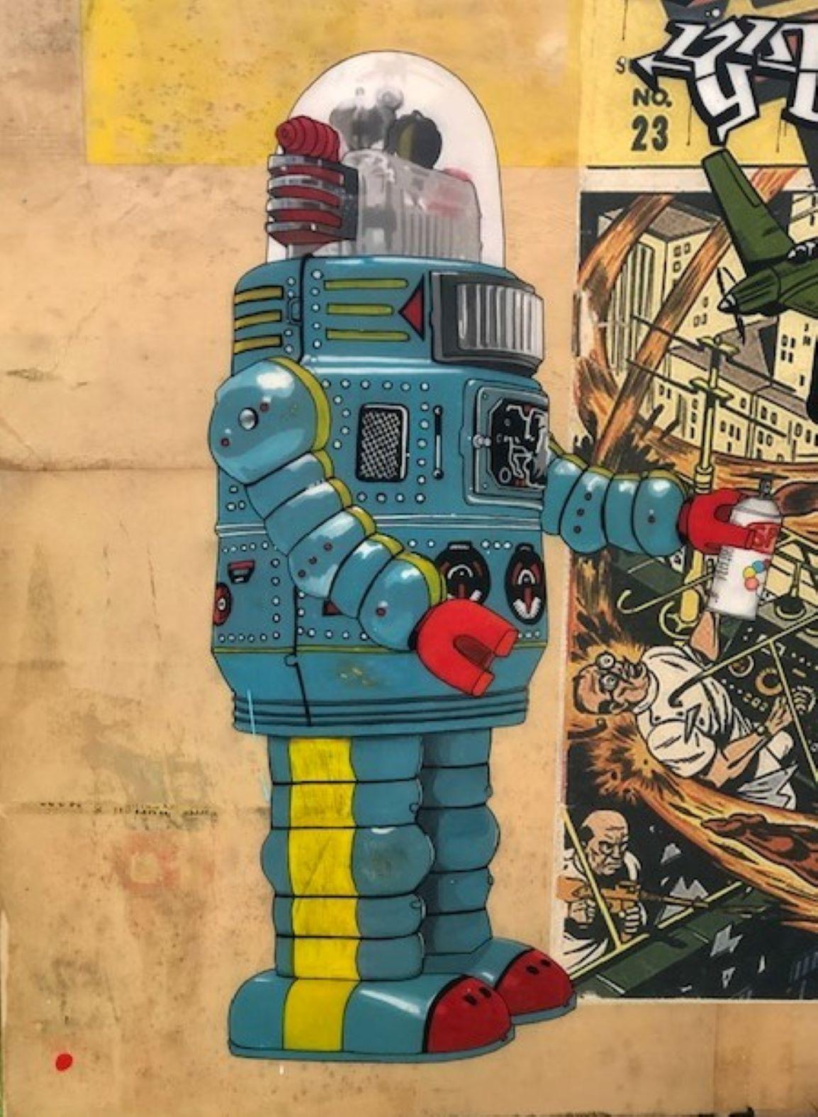 20th Century Michael Mew Painting, ‘Robots Gone Bad 2’, Mixed Media 2008 For Sale