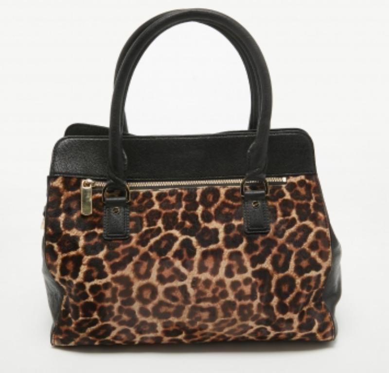 Donna Michael Kors - Tote Astrid in pelle e pelliccia di vitello con stampa leopardo nero/marrone in vendita