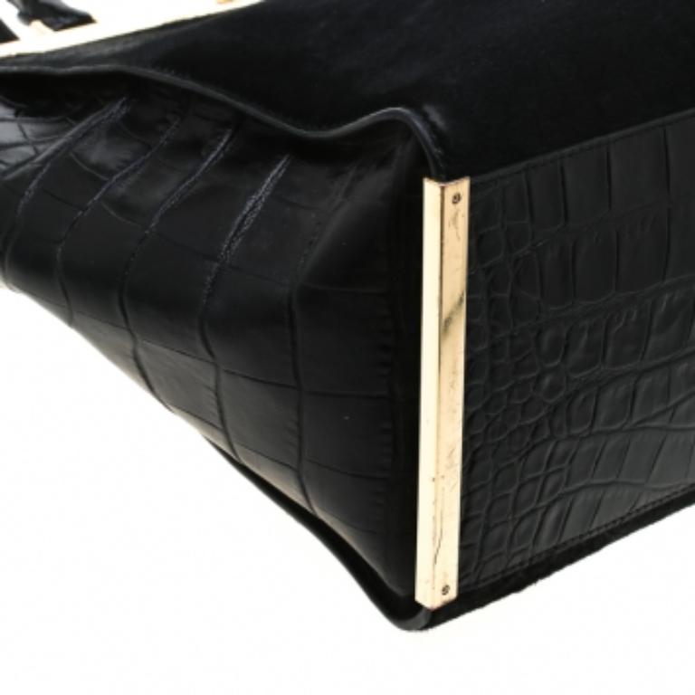 MICHAEL Michael Kors Black Calf Hair and Croc Embossed Leather Large Lana Tote en vente 5