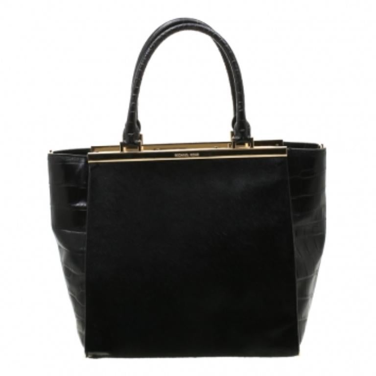 MICHAEL Michael Kors Black Calf Hair and Croc Embossed Leather Large Lana Tote en vente 1