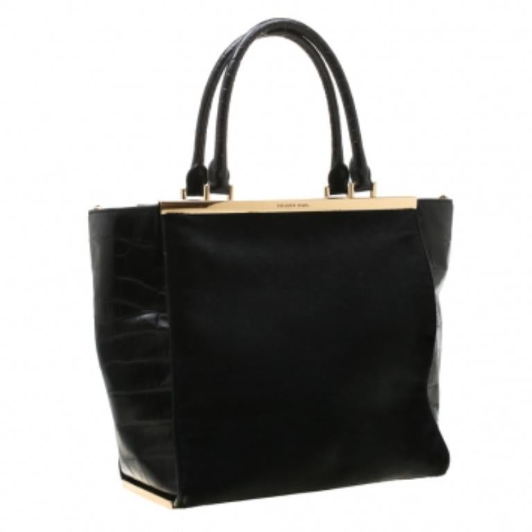 MICHAEL Michael Kors Black Calf Hair and Croc Embossed Leather Large Lana Tote en vente 3