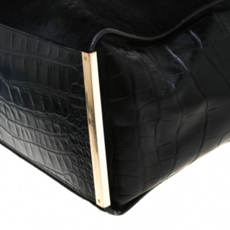 MICHAEL Michael Kors Black Calf Hair and Croc Embossed Leather Large Lana Tote en vente 4