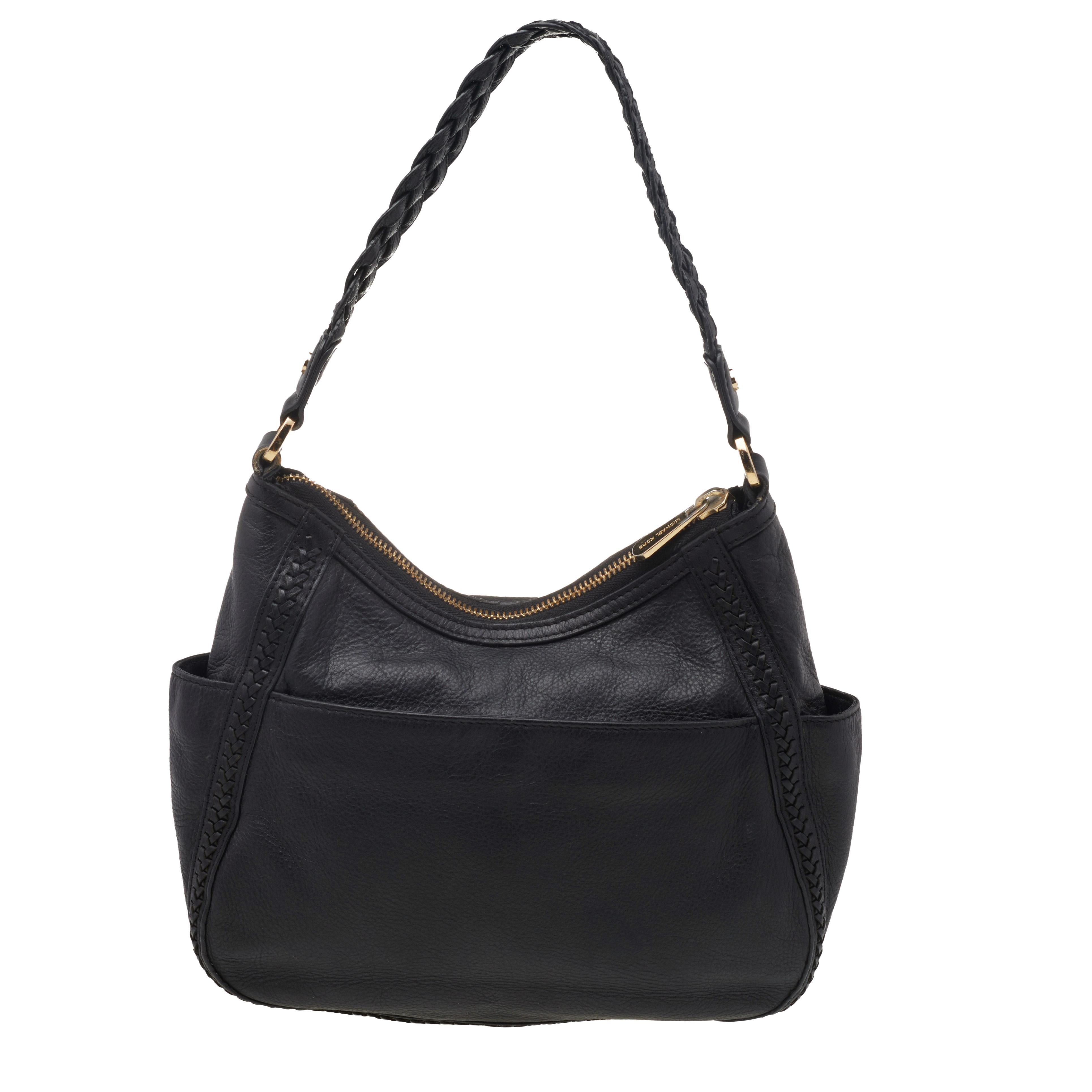 You will always find a time and occasion to pair this stunning MICHAEL Michael Kors piece. Crafted in black leather, this hobo features gold-tone hardware, logo detailing, a braided handle, and a spacious fabric-lined interior to add to the utility