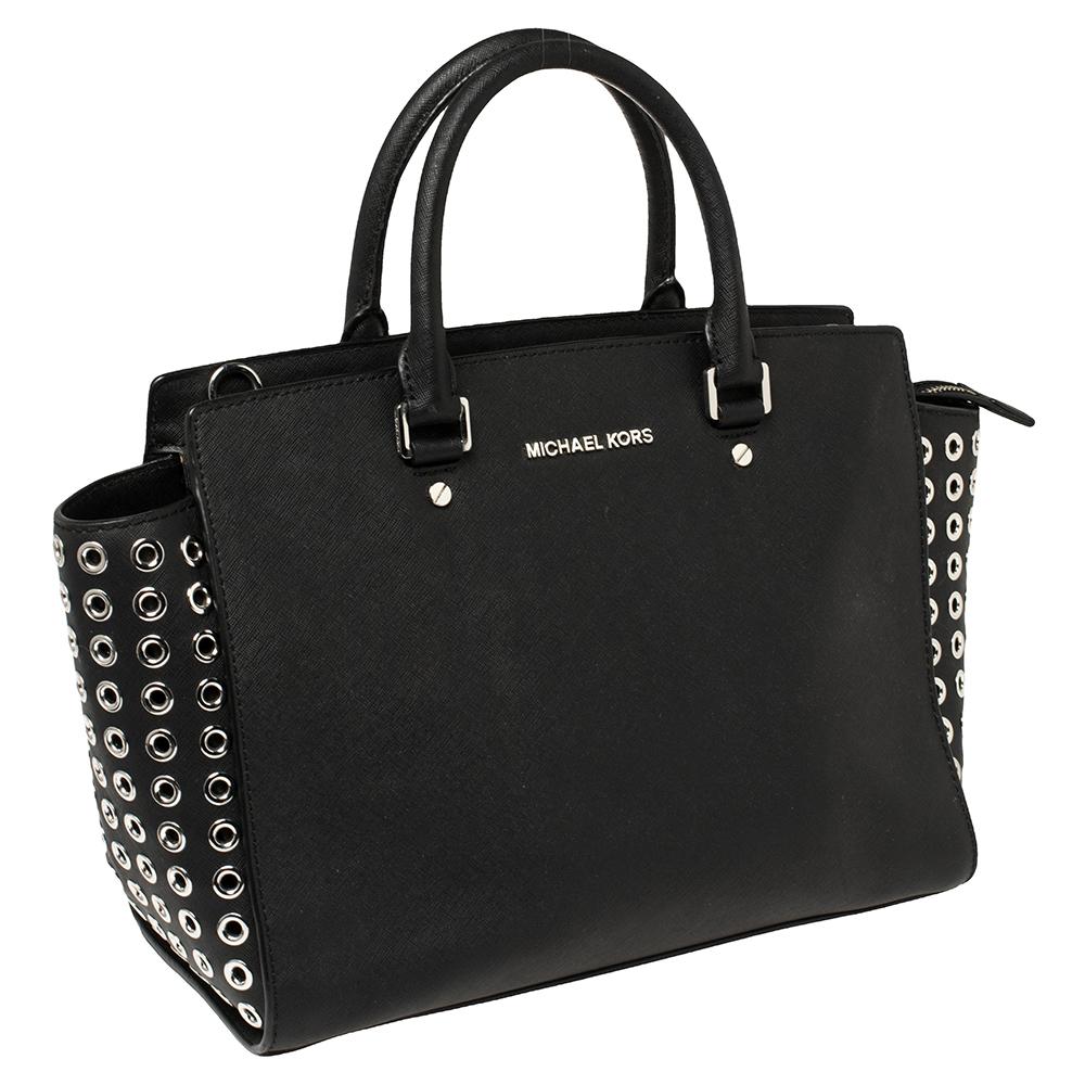 Michael Michael Kors Schwarzes Leder Große Selma Öse Satchel Damen