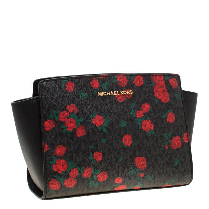 MICHAEL Michael Kors Black/Red MK Rose Leather Medium Selma Tote In New Condition In Dubai, Al Qouz 2