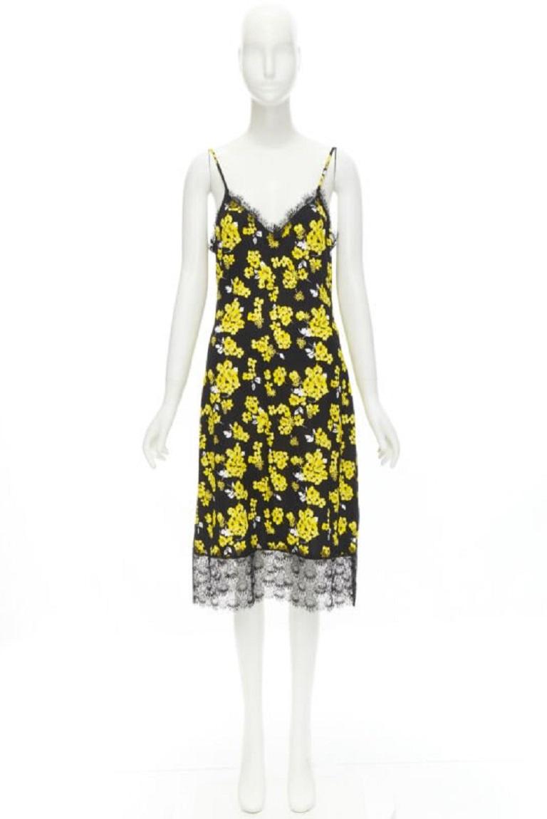 MICHAEL MICHAEL KORS black yellow floral print lace trimmed summer dress M For Sale 5