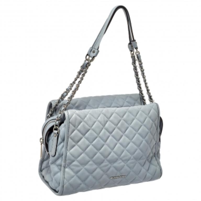 Gray MICHAEL Michael Kors Blue Quilted Leather XL Rachel Satchel For Sale