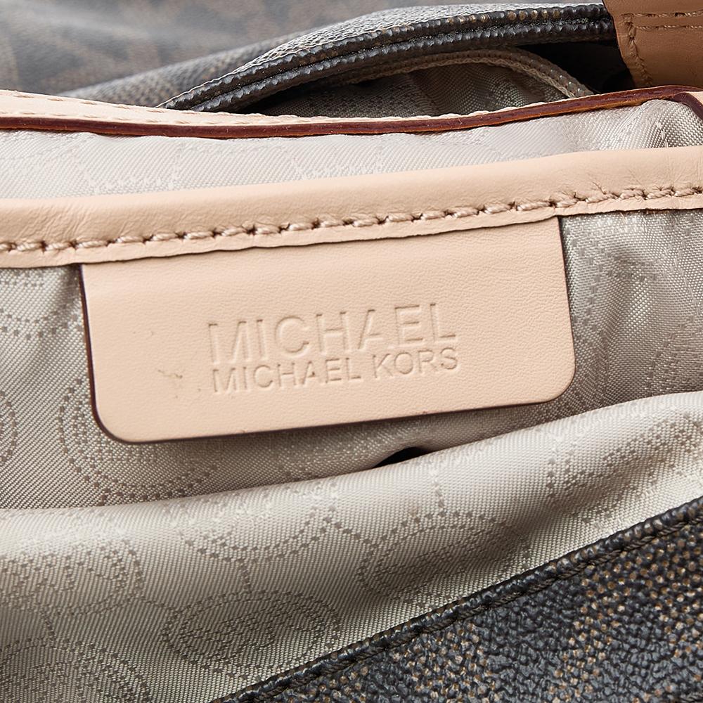 Black MICHAEL Michael Kors Dark Brown Signature Coated Canvas And Leather Jet Set Tote For Sale