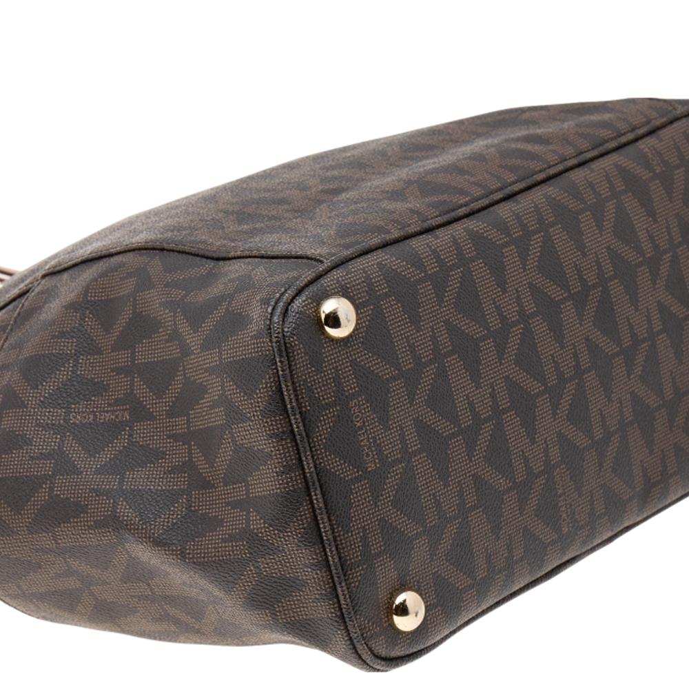 MICHAEL Michael Kors Dark Brown Signature Coated Canvas And Leather Jet Set Tote For Sale 1