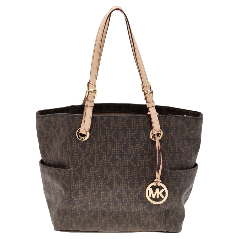 Michael Kors Brown/Tan Signature Coated Canvas And Leather Jet Set