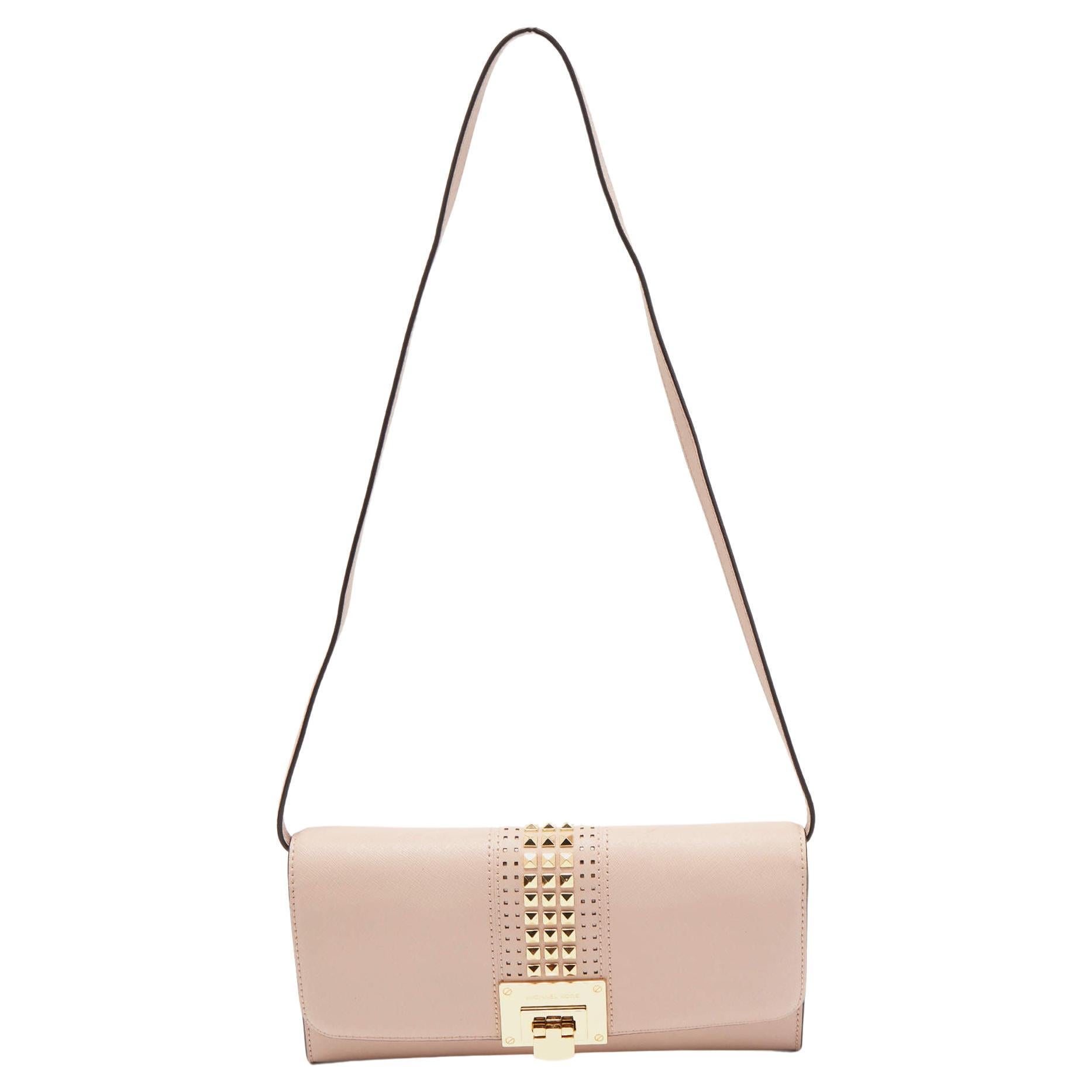 MICHAEL Michael Kors Dusty Pink Leather Studded Tina Ballet Clutch Bag For Sale