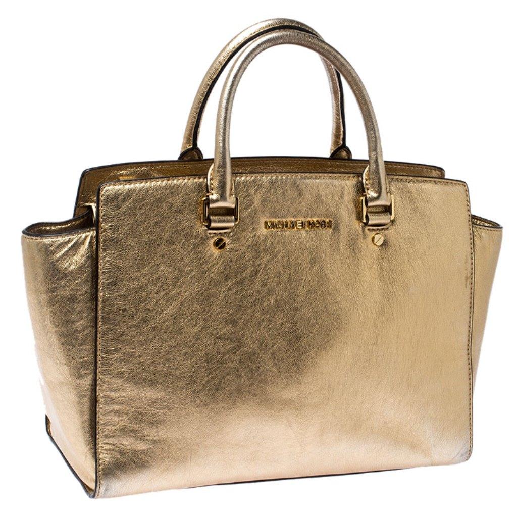 MICHAEL Michael Kors Gold Metallic Leder Medium Selma Tote (Braun)