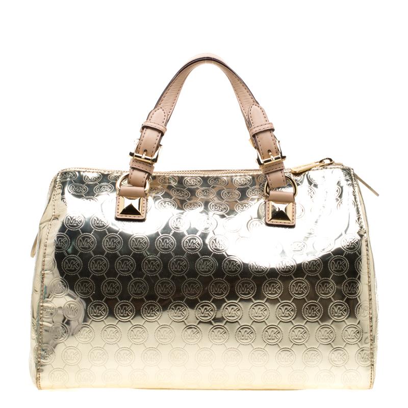 MICHAEL Michael Kors Gold Metallic Mirror Signature PVC Large Grayson Satchel