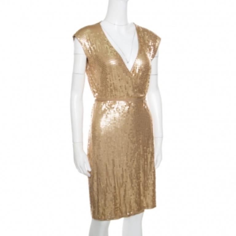 Marron Michael Michael Kors - Robe portefeuille à sequins dorés S en vente
