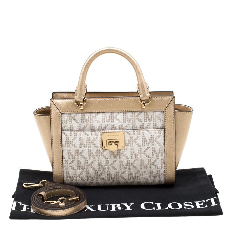 MICHAEL Michael Kors Gold/White Signature Coated Canvas and Leather Tina TZ Tote 7