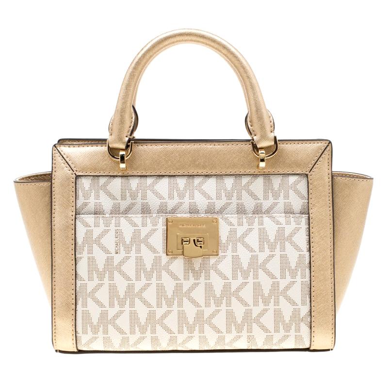 MICHAEL Michael Kors Gold/White Signature Coated Canvas and Leather Tina TZ Tote