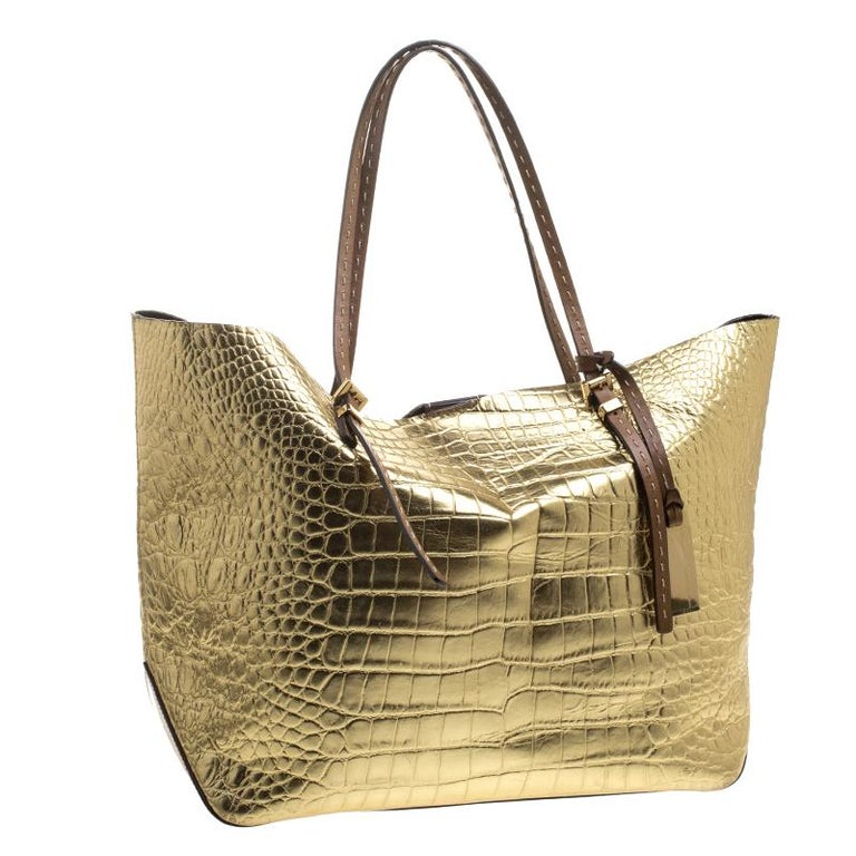 Michael Michael Kors Metallic Gold Croc Embossed Leather Gia Tote For Sale at 1stdibs